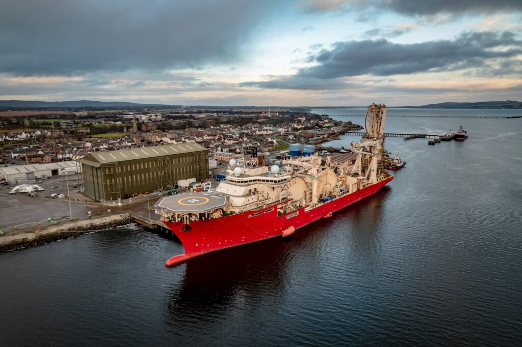 Huge Pipe Laying Ship Docked at Port